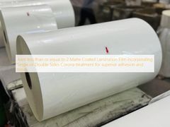 Folia laminacyjna matowa z powłoką bezspoinową, z obróbką Corona jednostronną lub dwustronną dla doskonałej przyczepności i wykończenia, do 2 połączeń włącznie